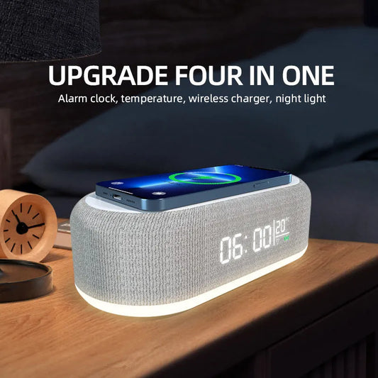 USB Wireless Alarm Clock with LED Light, Thermometer, Wireless Phone Charger